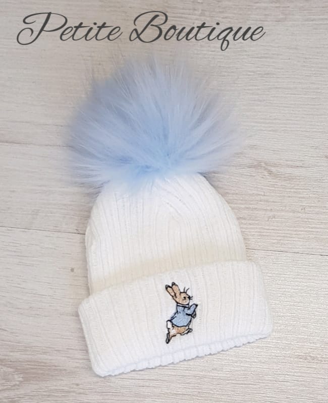 Blue faux fur pompom peter rabbit hat