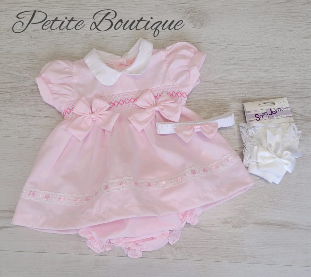Pink double bow smock dress with matching pants & headband