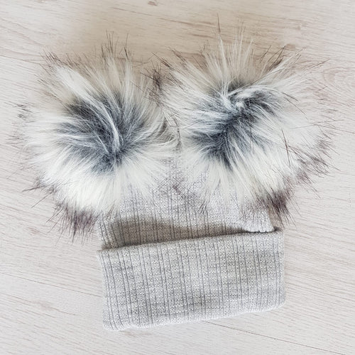 Grey faux fur double pompom hat