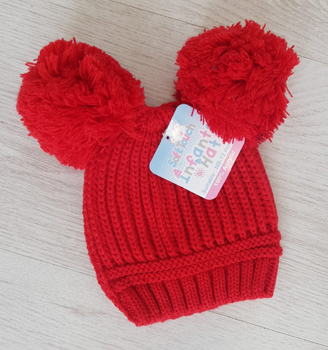 Red double pompom hat