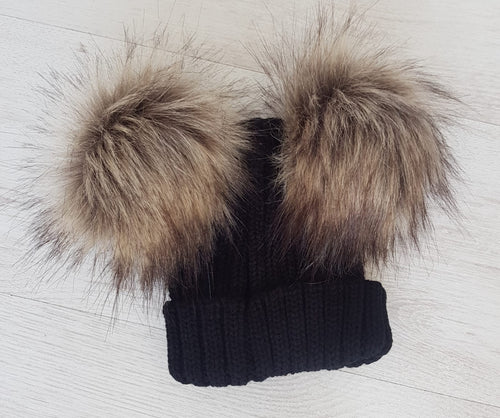 Black faux fur double pompom hat