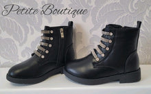 Load image into Gallery viewer, Girls black diamanté design ankle boots