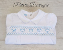 Load image into Gallery viewer, White/blue smock bear cotton babygrow