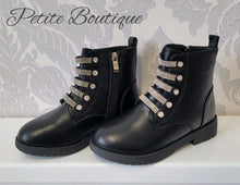 Load image into Gallery viewer, Girls black diamanté design ankle boots
