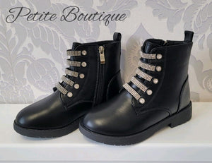 Girls black diamanté design ankle boots