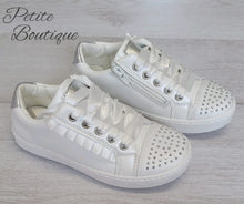 Load image into Gallery viewer, White ribbon lace/diamanté trainers