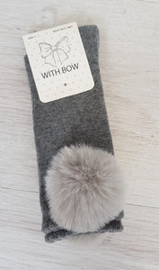 Grey faux fur pompom knee high socks