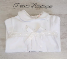 Load image into Gallery viewer, Spanish white bow/diamanté velour babygrow