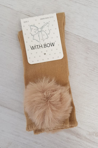 Camel faux fur pompom knee high socks