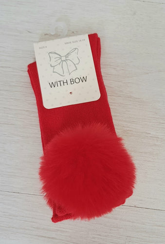 Red faux fur pompom knee high socks
