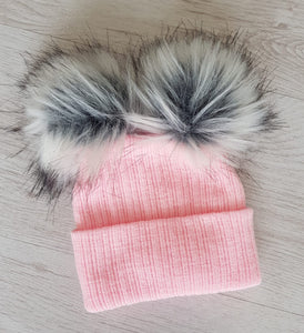 Pink faux fur double pompom hat