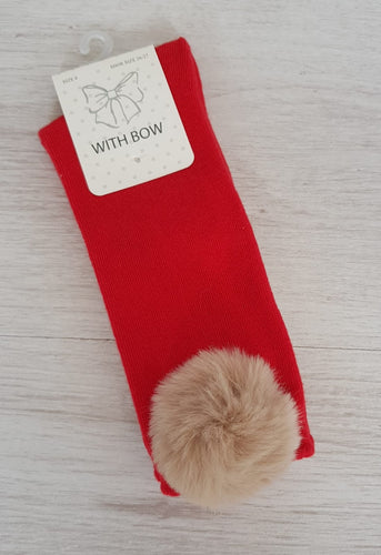 Red knee high socks with camel faux fur pompoms