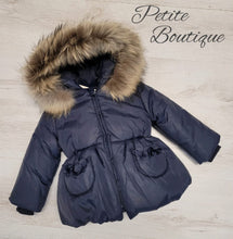 Load image into Gallery viewer, Italian Bufi navy coat with fur trim hood