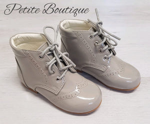 Grey patent lace boots