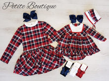 Load image into Gallery viewer, Spanish red/navy check dress, pants &amp; bonnet