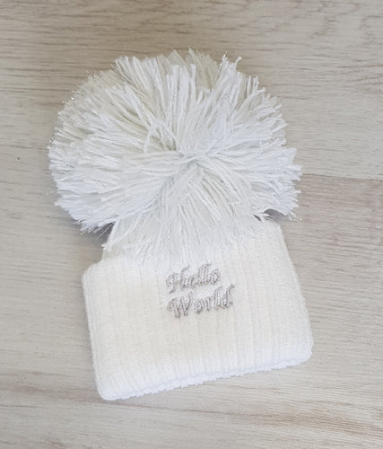 White ‘hello world’ pompom hat