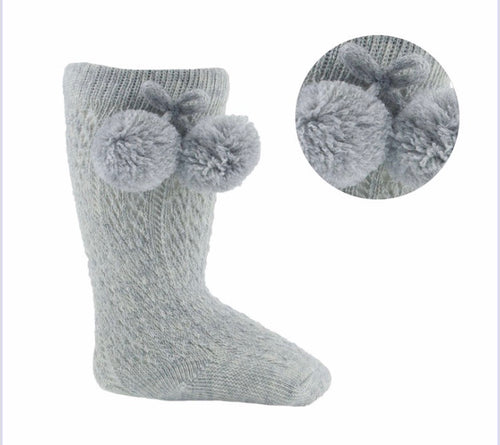 Grey knee high pelerine pompom socks