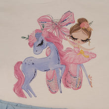 Load image into Gallery viewer, Girls ballerina/horse top &amp; blue short set