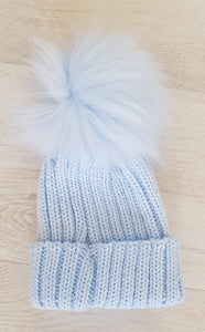 Baby blue faux fur pompom hat
