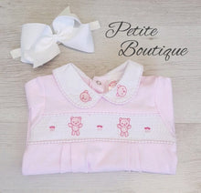 Load image into Gallery viewer, Pink smock bear cotton babygrow