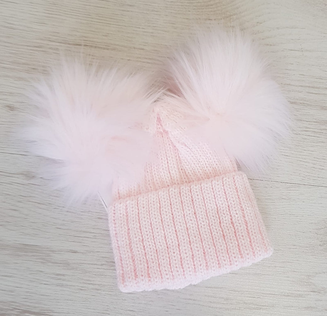 Baby pink double faux fur pompom hat