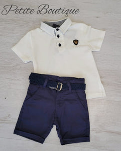 Boys white polo shirt & navy belted short set