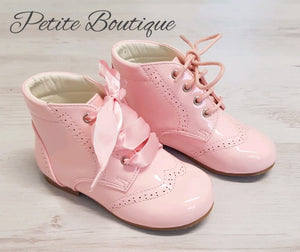 Pink patent lace boots