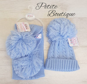 Blue pompom cable knit hat/scarf