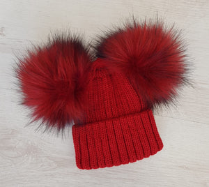 Double faux fur red pompom hat