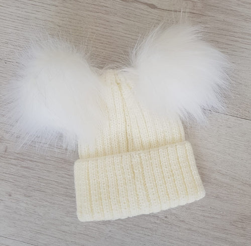 Cream double faux fur pompom hat
