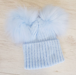 Baby blue double faux fur pompom hat