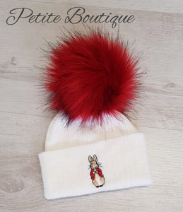 Red faux fur pompom peter rabbit hat