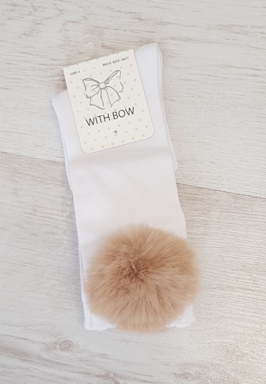 White knee high socks with camel faux fur pompoms