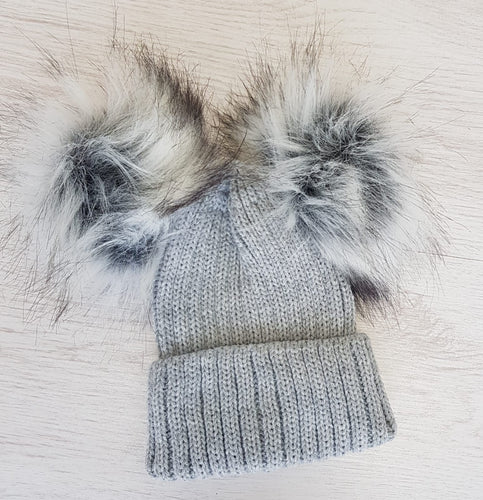 Grey double faux fur pompom hat
