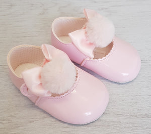 Pink patent bow/pompom soft sole shoes