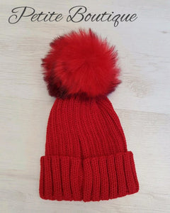 Red faux fur pompom hat