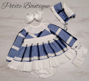 Spanish blue/white check bow tie dress, pants & bonnet set