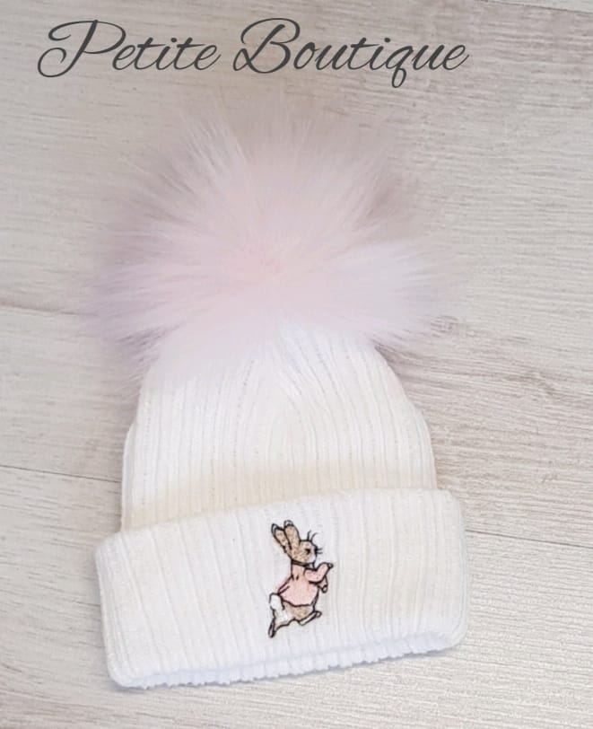 Pink faux fur pompom peter rabbit hat