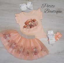 Load image into Gallery viewer, Girls peach bear top &amp; skirt set