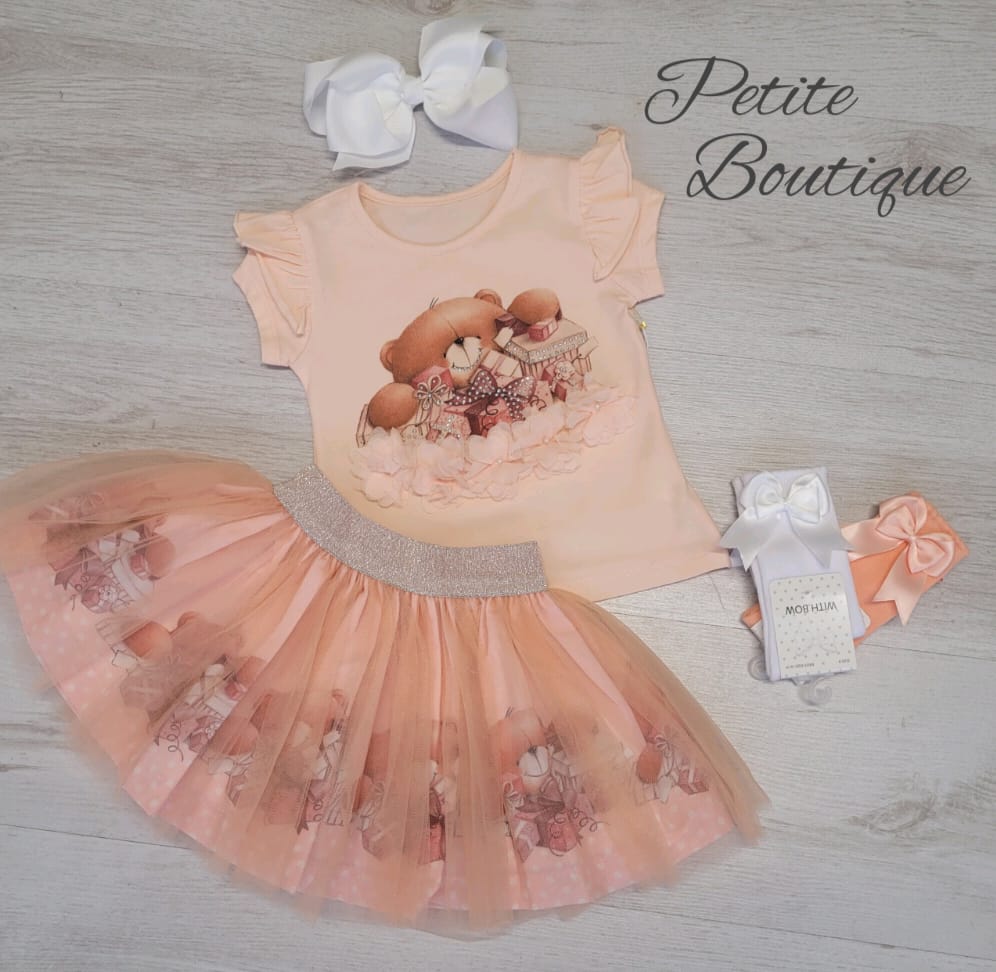 Girls peach bear top & skirt set