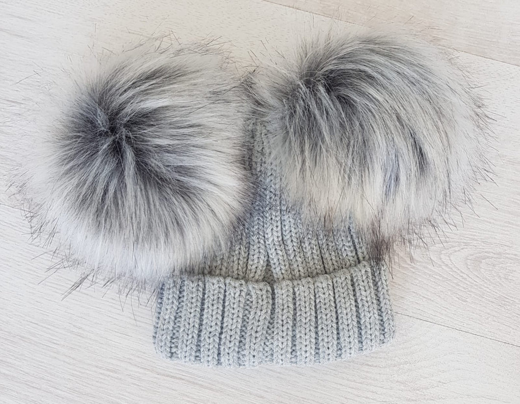 Grey faux fur double pompom hat