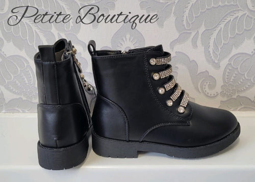 Girls black diamanté design ankle boots