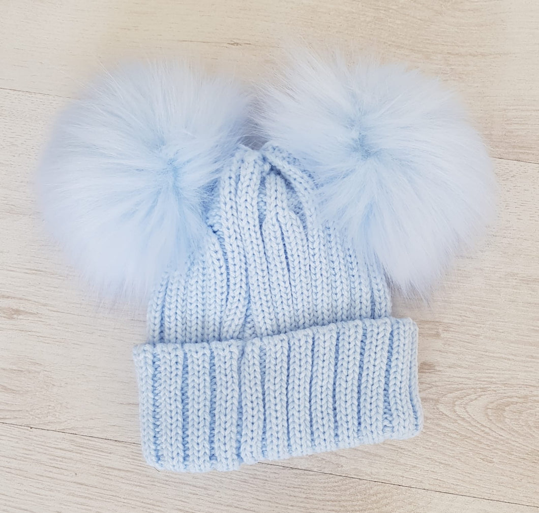 Baby blue faux fur double pompom hat