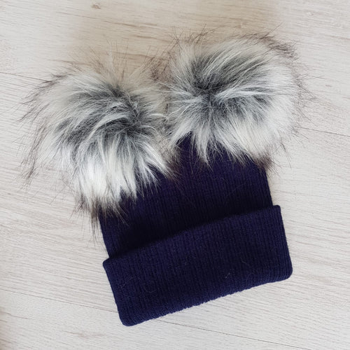 Navy blue faux fur double pompom hat