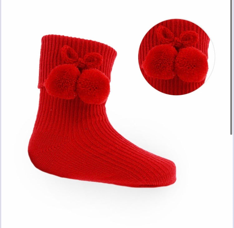Red pompom ankle socks