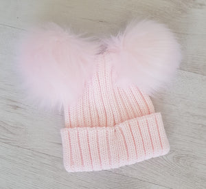 Baby pink faux fur double pompom hat