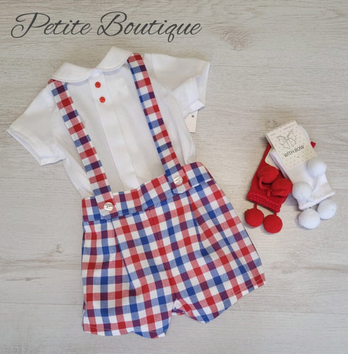 Spanish red/blue check braces short & shirt set