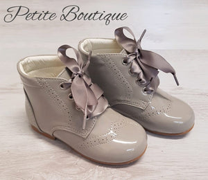 Grey patent lace boots