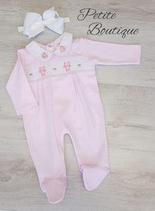 Pink smock bear cotton babygrow