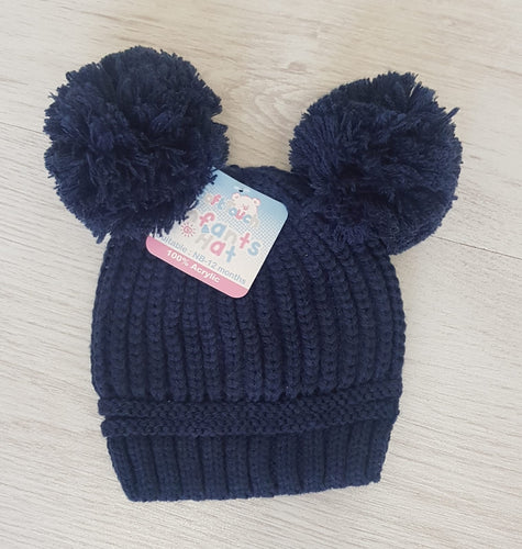 Navy double pompom hat